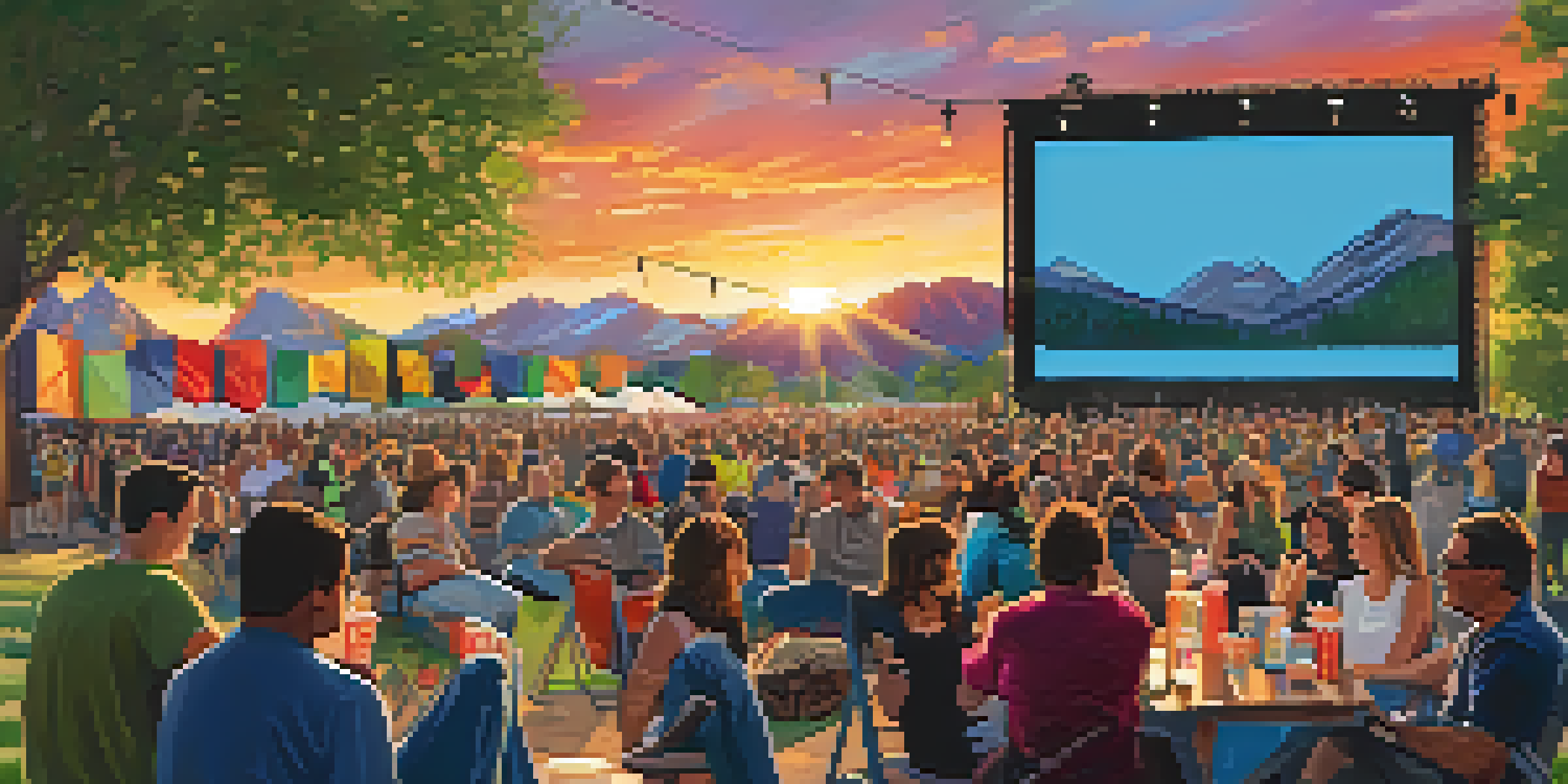 An outdoor film festival scene with a large screen, diverse audience, and a colorful sunset backdrop of the Rocky Mountains.