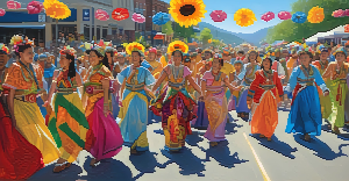 A colorful parade in Boulder with participants in traditional costumes and lively floats, under a bright blue sky.