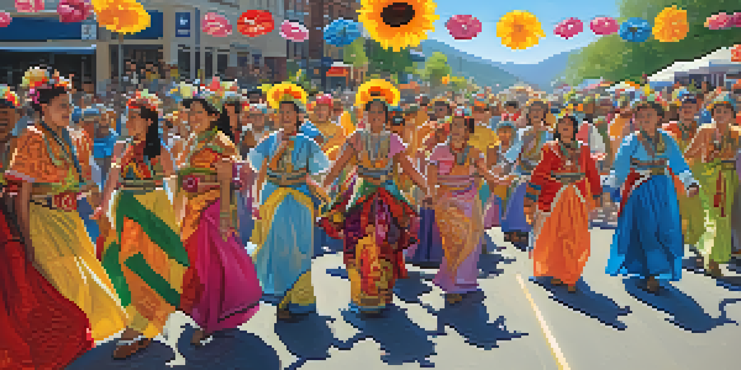 A colorful parade in Boulder with participants in traditional costumes and lively floats, under a bright blue sky.