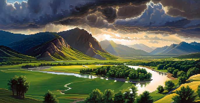 A scenic view of Boulder, Colorado, with mountains, a valley, and a river under storm clouds and sunlight.