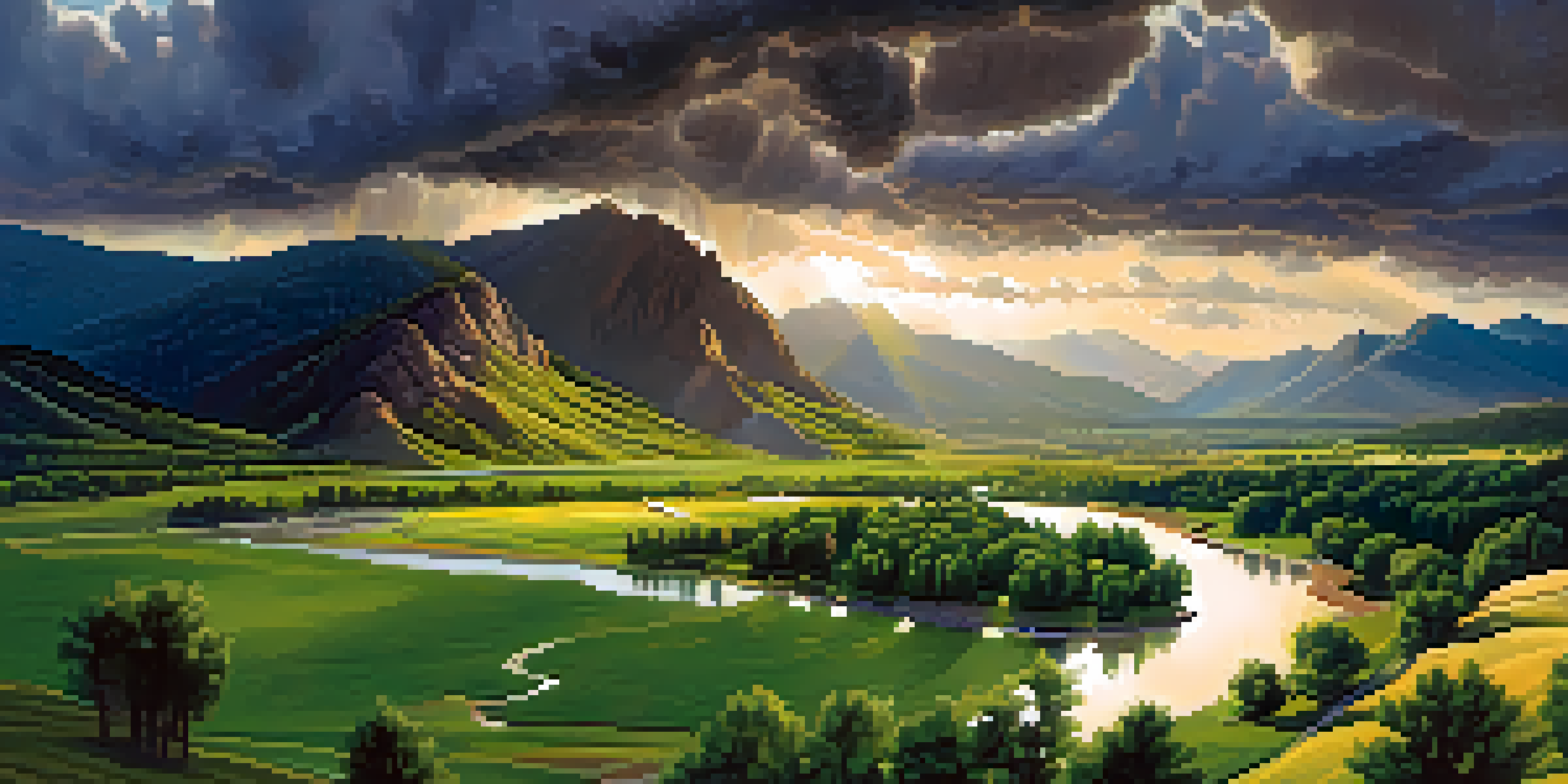 A scenic view of Boulder, Colorado, with mountains, a valley, and a river under storm clouds and sunlight.