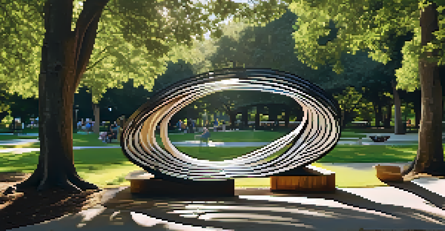A detailed sculpture in a park, made from reclaimed materials, surrounded by greenery and families.