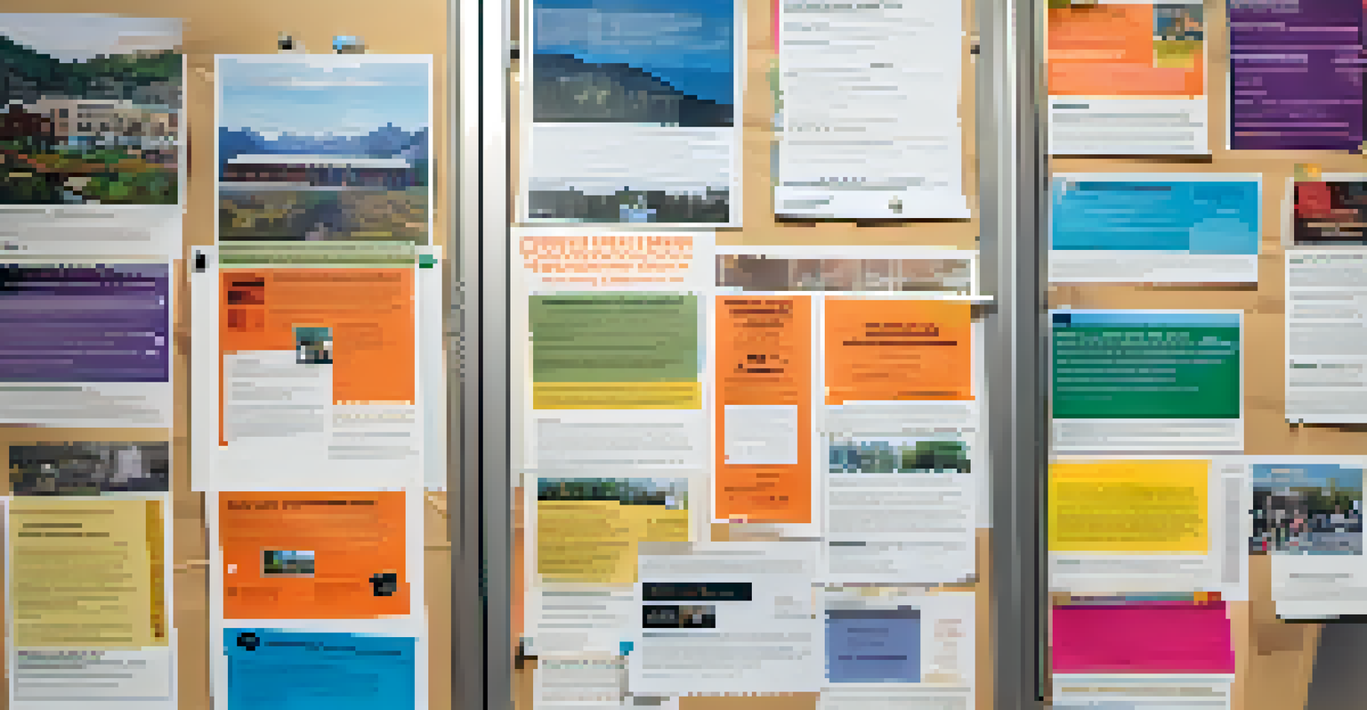 A community bulletin board in Boulder displaying colorful flyers about disaster recovery planning and training sessions, illuminated by natural light.