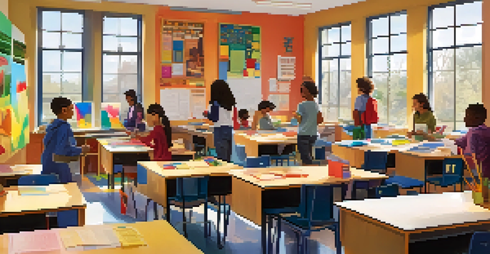 A colorful classroom with diverse students working together on a project, surrounded by educational materials and natural light.