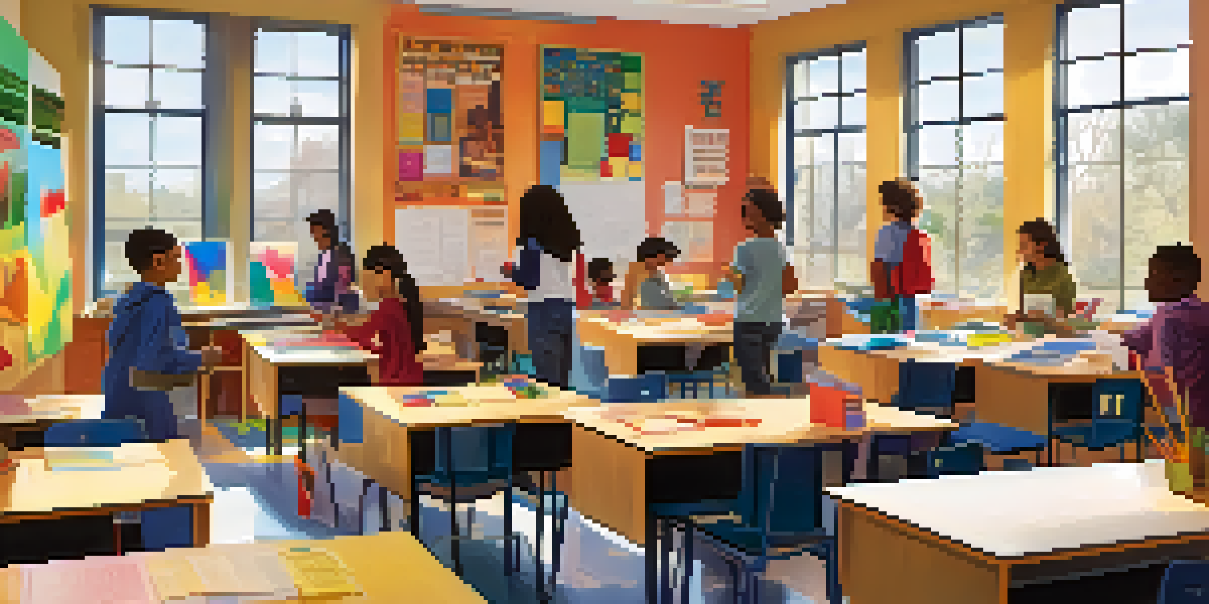A colorful classroom with diverse students working together on a project, surrounded by educational materials and natural light.