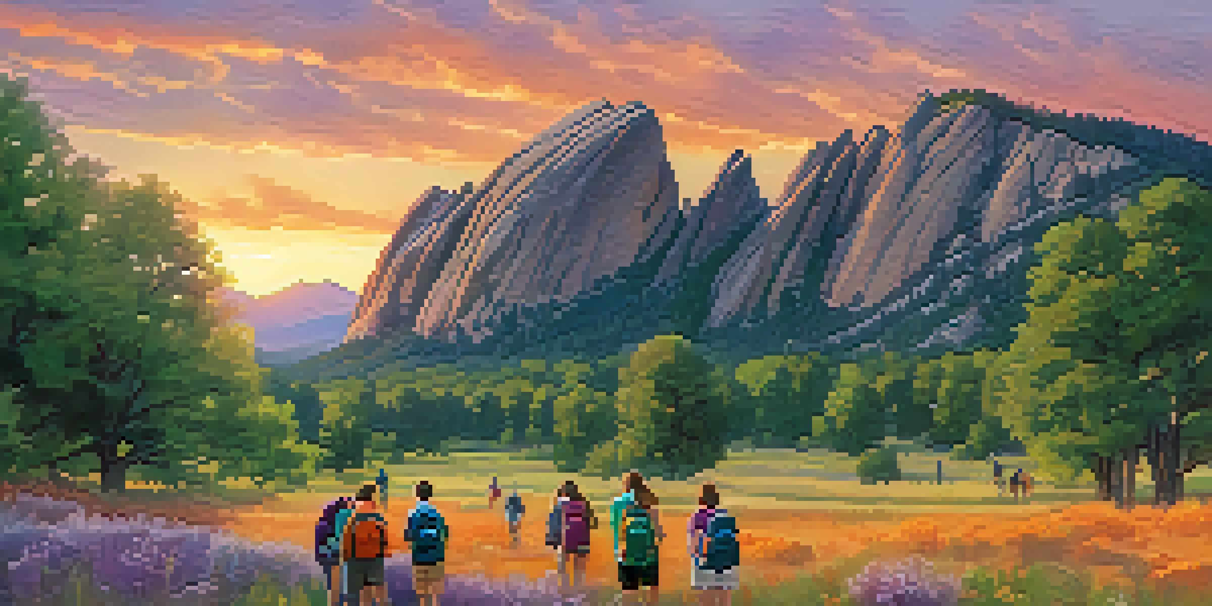 A group of students exploring the Boulder Flatirons at sunset, with colorful skies and natural scenery.