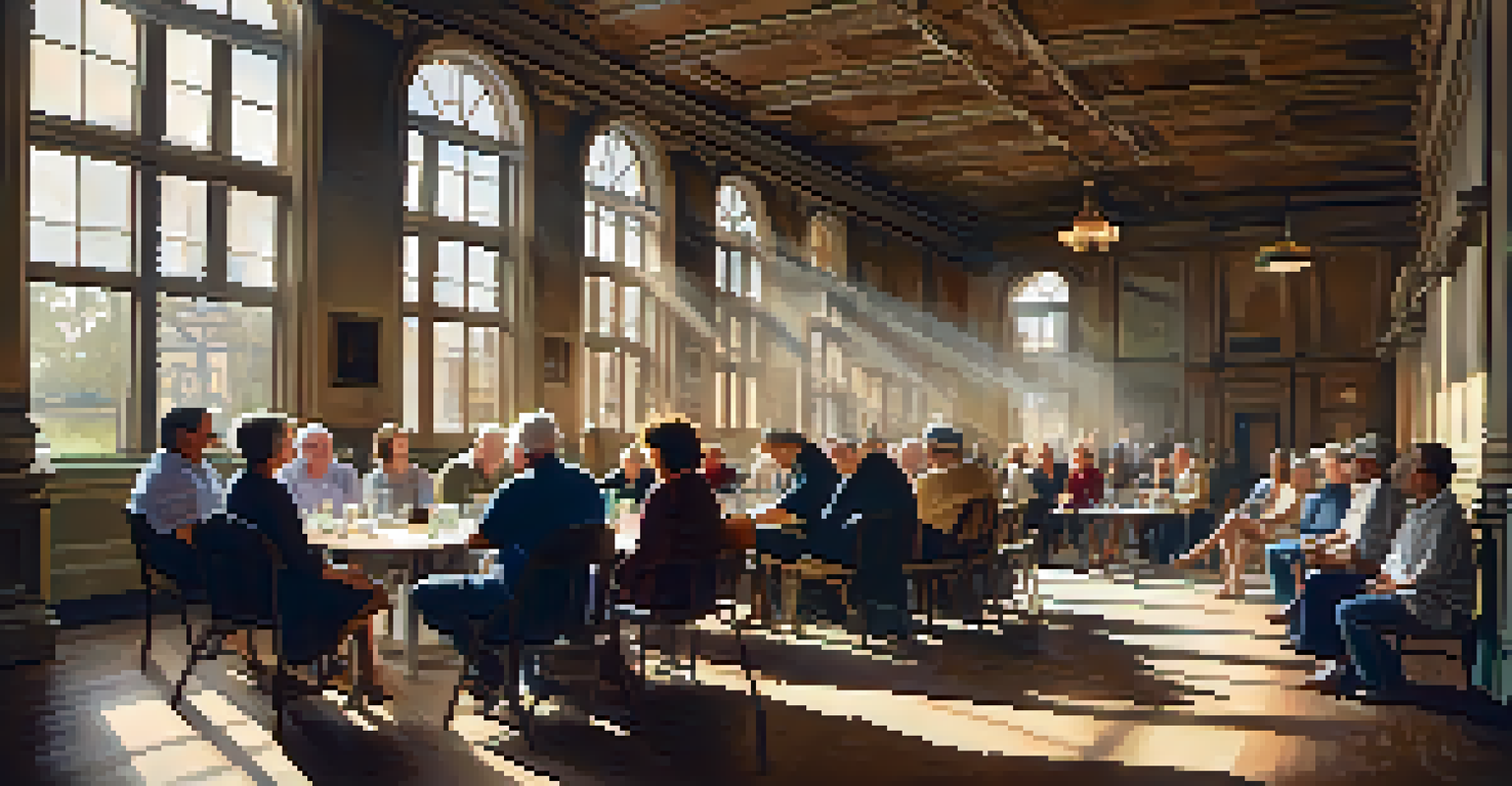 A diverse group of residents participating in a community meeting inside a historic building, discussing preservation efforts in a sunlit room.