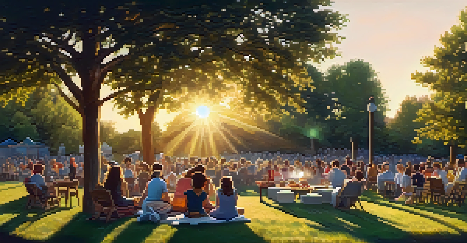 An outdoor theater performance in a park with actors performing and families watching, surrounded by trees and a warm summer evening glow.