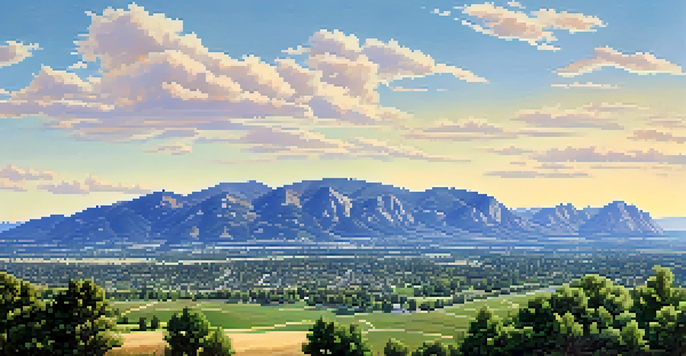 A panoramic view of Boulder, Colorado, showing the contrast between flat plains and steep foothills, with lush greenery and a clear sky.