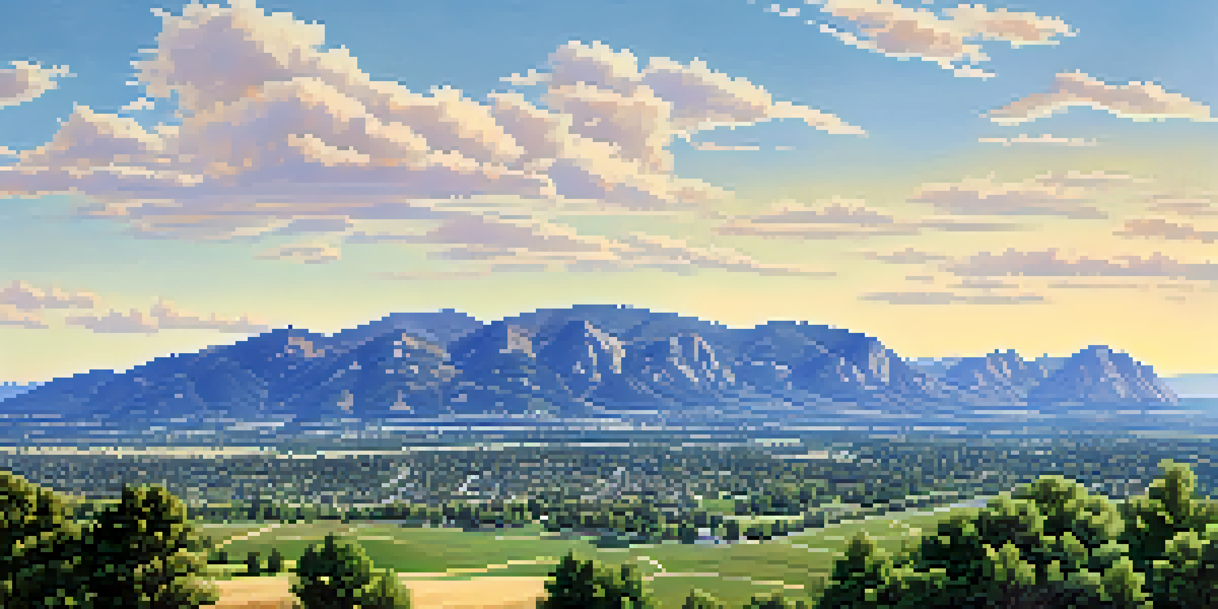 A panoramic view of Boulder, Colorado, showing the contrast between flat plains and steep foothills, with lush greenery and a clear sky.