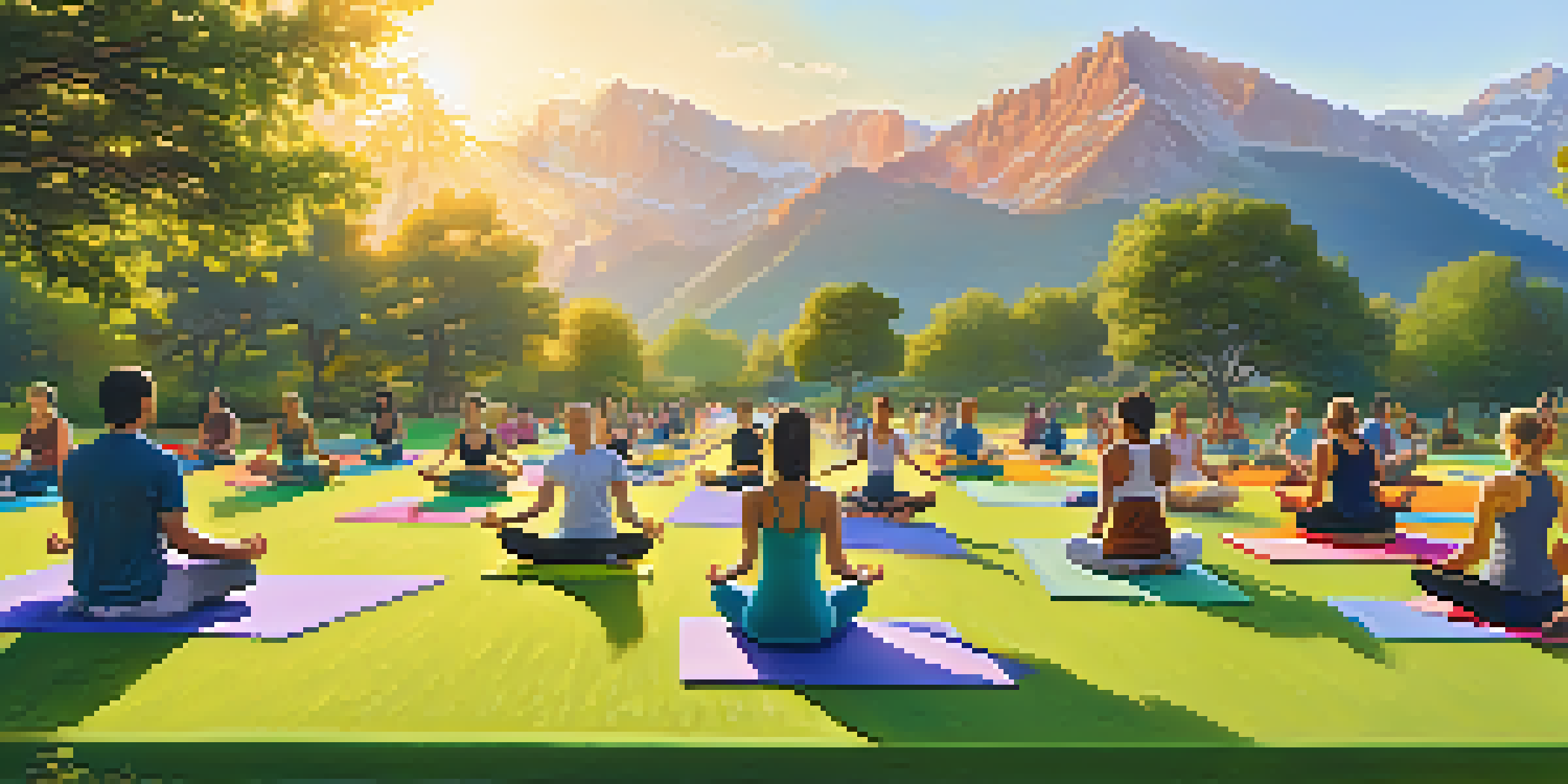 A diverse group of individuals practicing yoga outdoors at sunrise with the Rocky Mountains in the background.