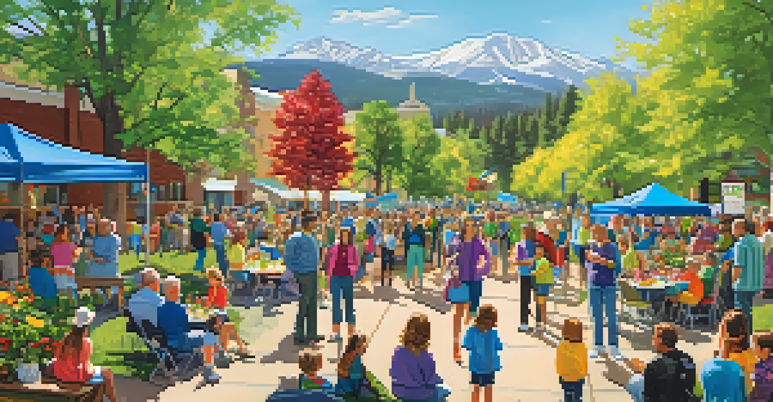 A lively Earth Day celebration in Boulder, showcasing families, banners, and tree planting activities in a natural setting.