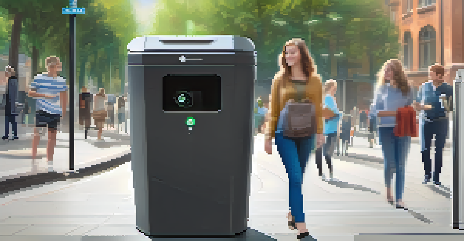 Close-up of a modern smart waste bin in an urban area, with a digital display and people nearby using mobile apps.