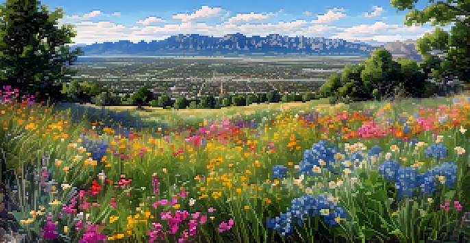 A wide view of Boulder, Colorado, highlighting the Rocky Mountains and blooming wildflowers under a sunny sky.