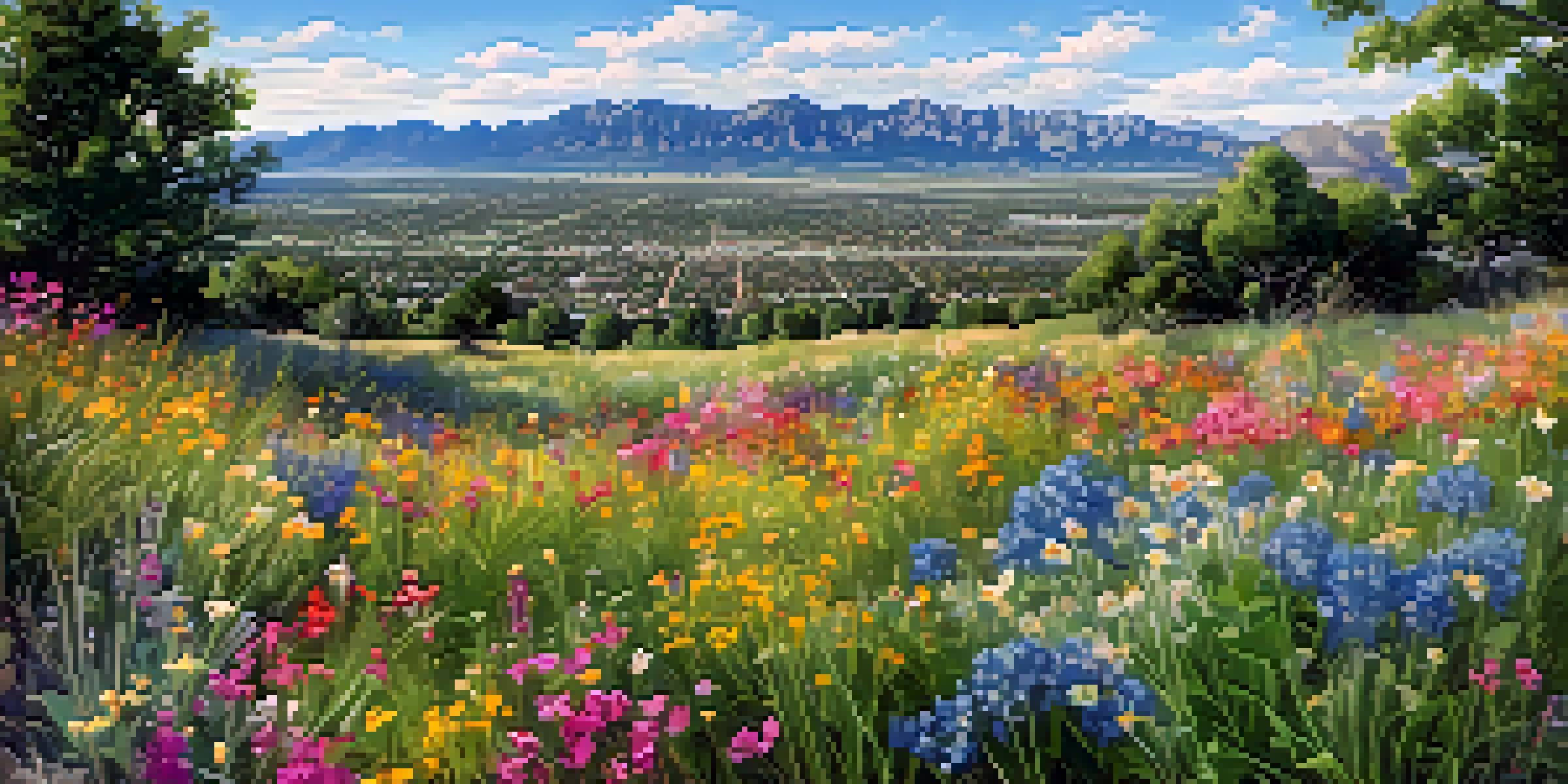 A wide view of Boulder, Colorado, highlighting the Rocky Mountains and blooming wildflowers under a sunny sky.