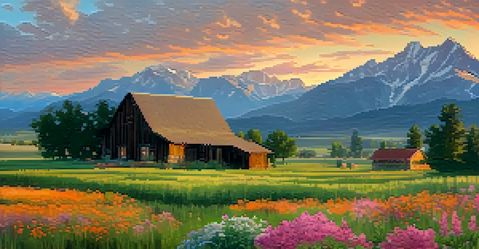 A peaceful early Boulder landscape with a farm and the Rocky Mountains at sunset.