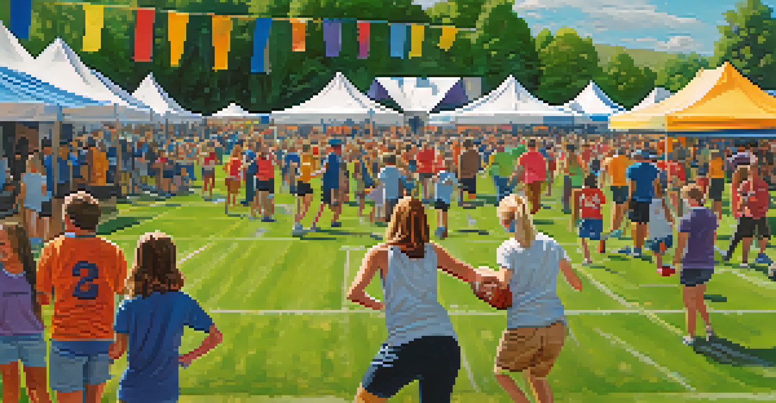 A community charity sports day at Boulder High with people enjoying various activities, colorful banners, and booths.