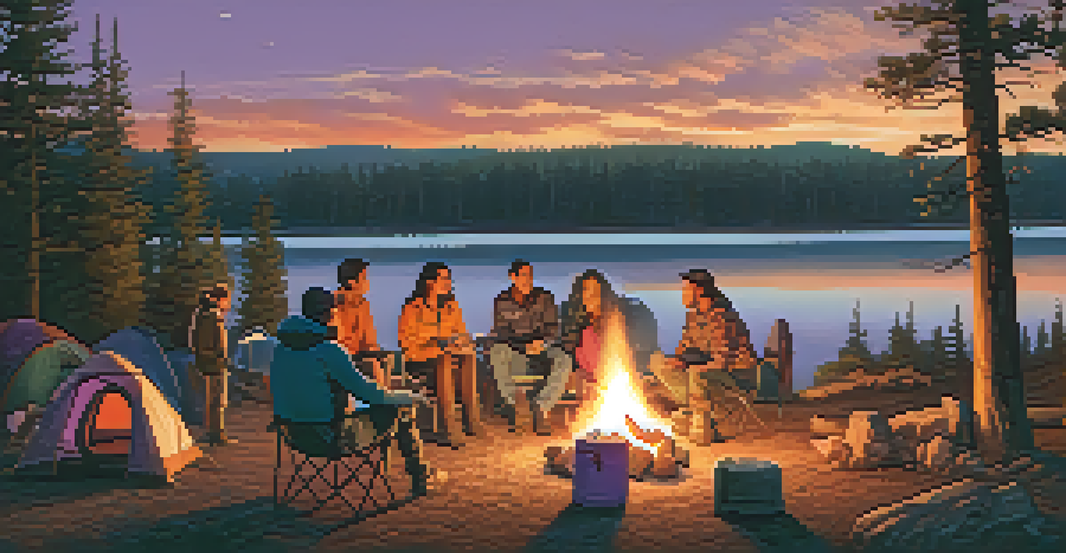 A family camping at Barker Reservoir with a campfire and tents under a colorful sunset.
