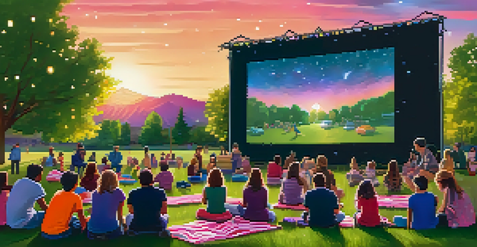 Families and friends enjoying an outdoor movie night in a park with colorful blankets and a sunset sky.