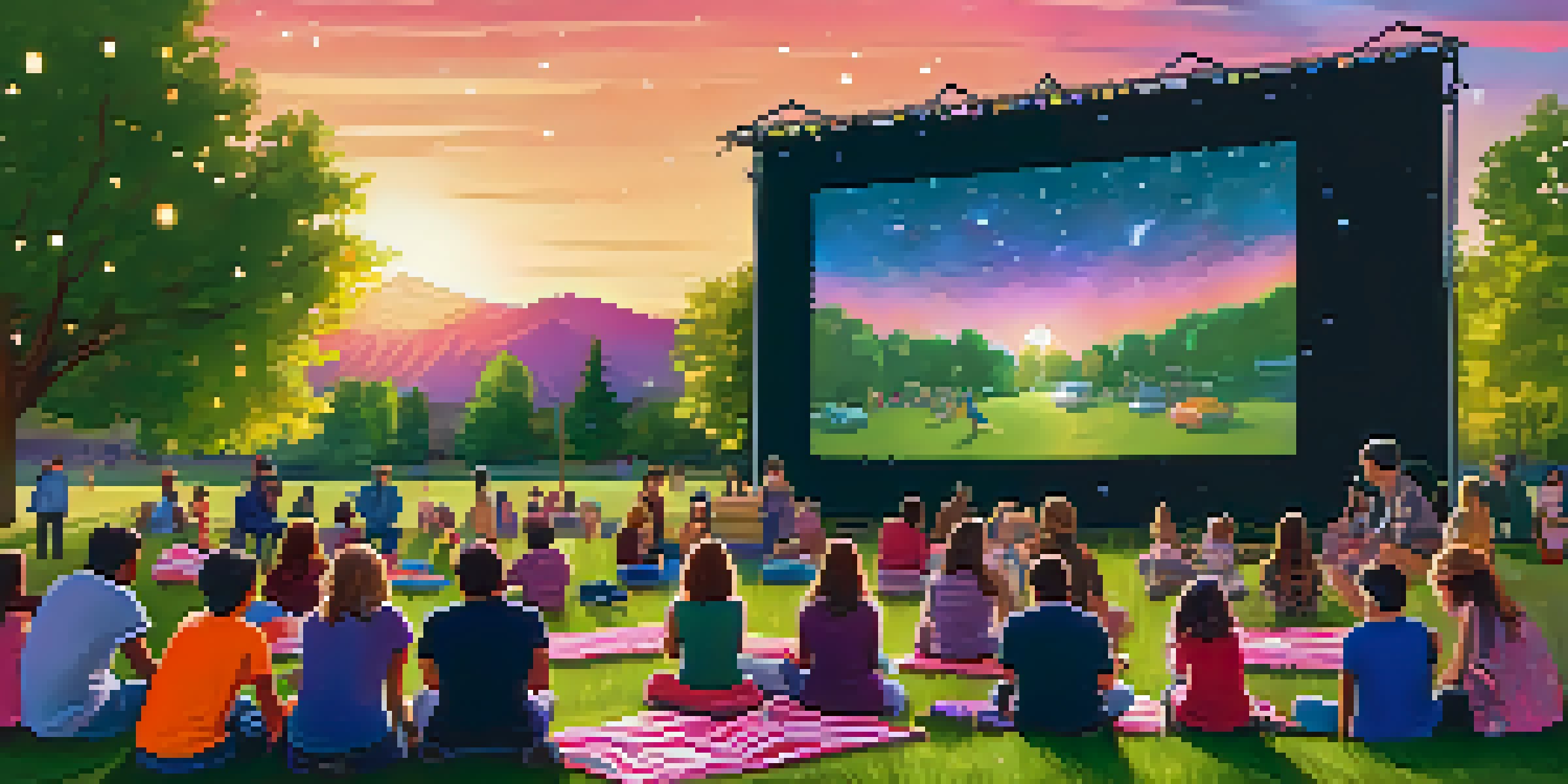 Families and friends enjoying an outdoor movie night in a park with colorful blankets and a sunset sky.