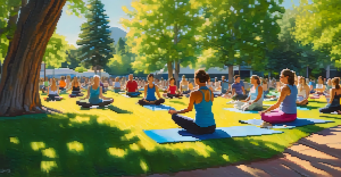 A group of diverse individuals practicing yoga in a sunny park, surrounded by green trees.