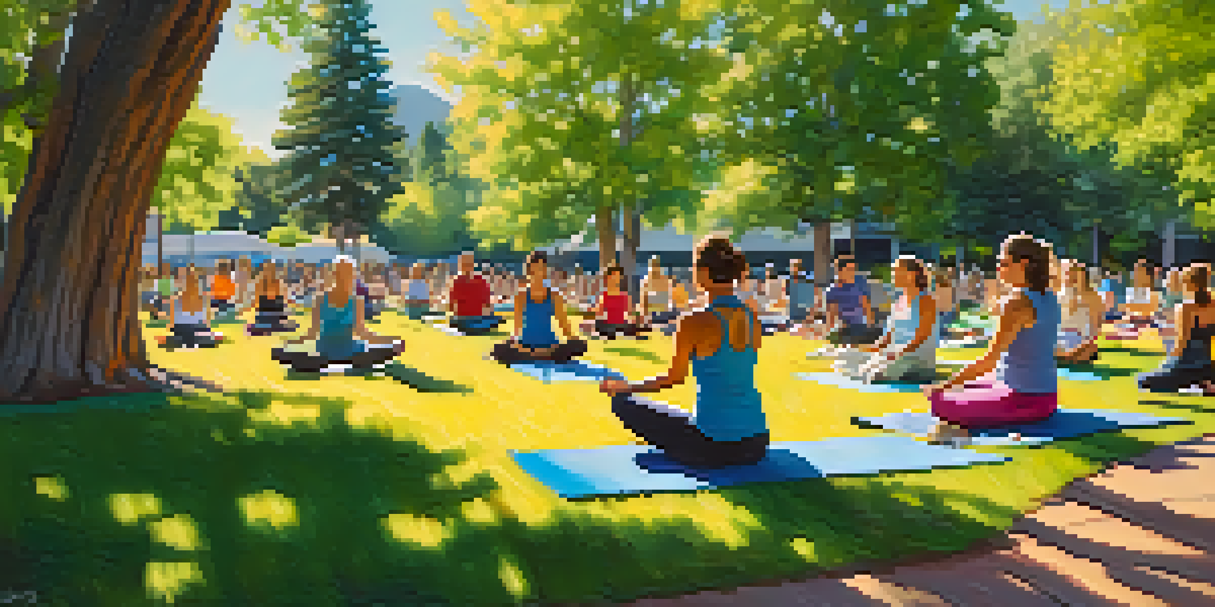A group of diverse individuals practicing yoga in a sunny park, surrounded by green trees.
