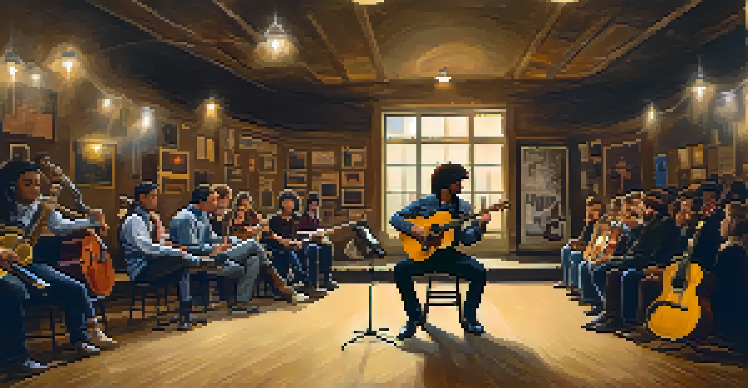 A young musician performing on stage at a Boulder music school, with an attentive audience in a warm, intimate setting.