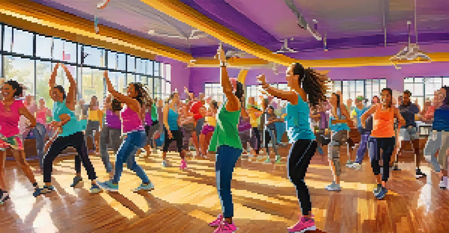 A group of people enjoying a Zumba dance class in a colorful and lively environment.