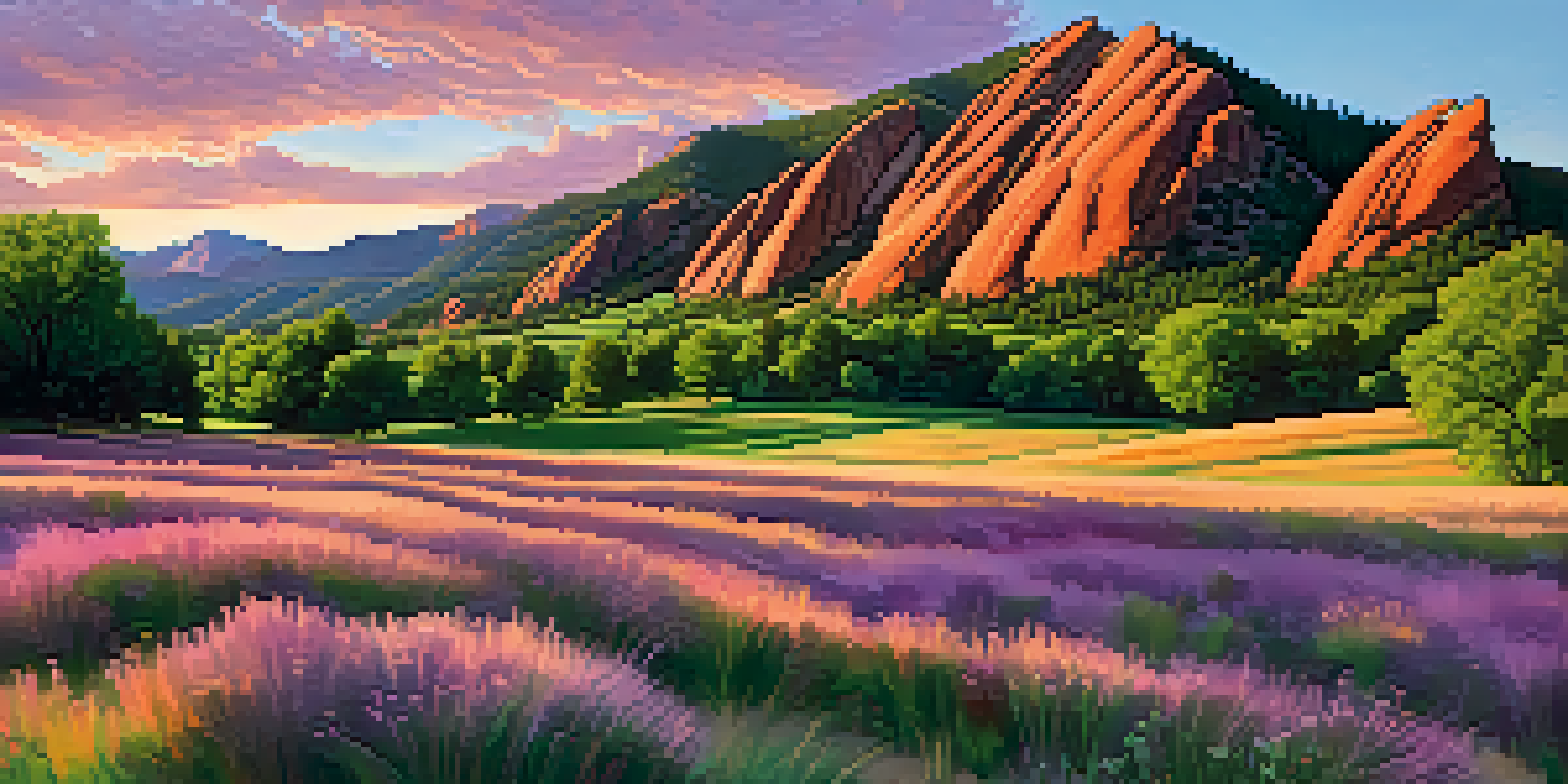 A scenic sunset view of Boulder's Flatirons, with vibrant sky colors and hikers on the trails.
