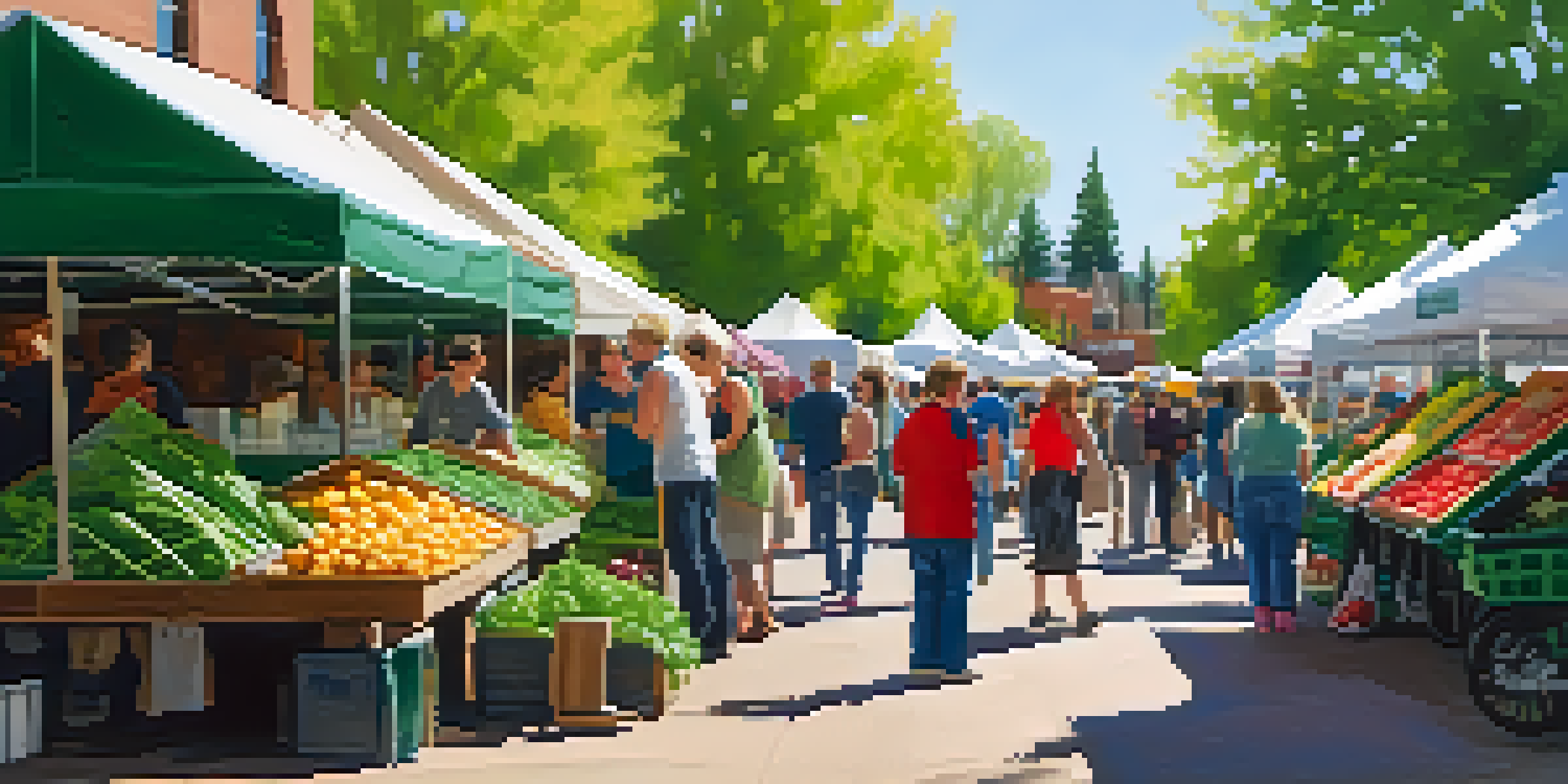A lively farmers' market in spring with fresh greens and colorful stalls, filled with people enjoying the vibrant atmosphere.