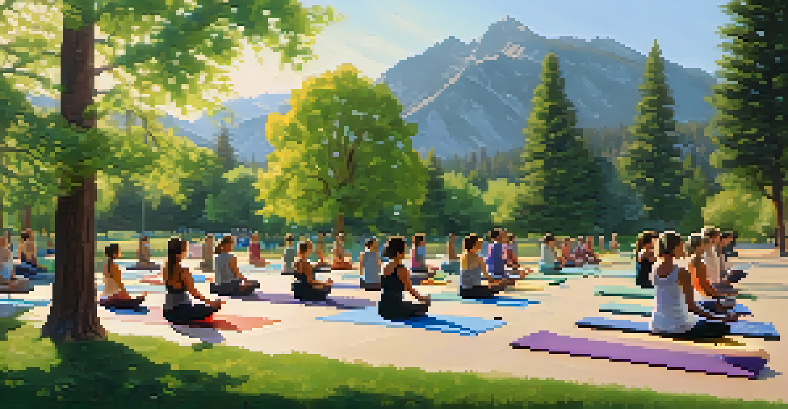 A peaceful outdoor yoga class in a park in Boulder with participants practicing yoga on colorful mats, surrounded by trees and mountains in soft morning light.