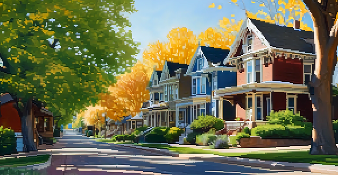 A scenic street view of Mapleton Hill neighborhood with Victorian and Edwardian homes bathed in golden sunlight, and a couple walking hand in hand.