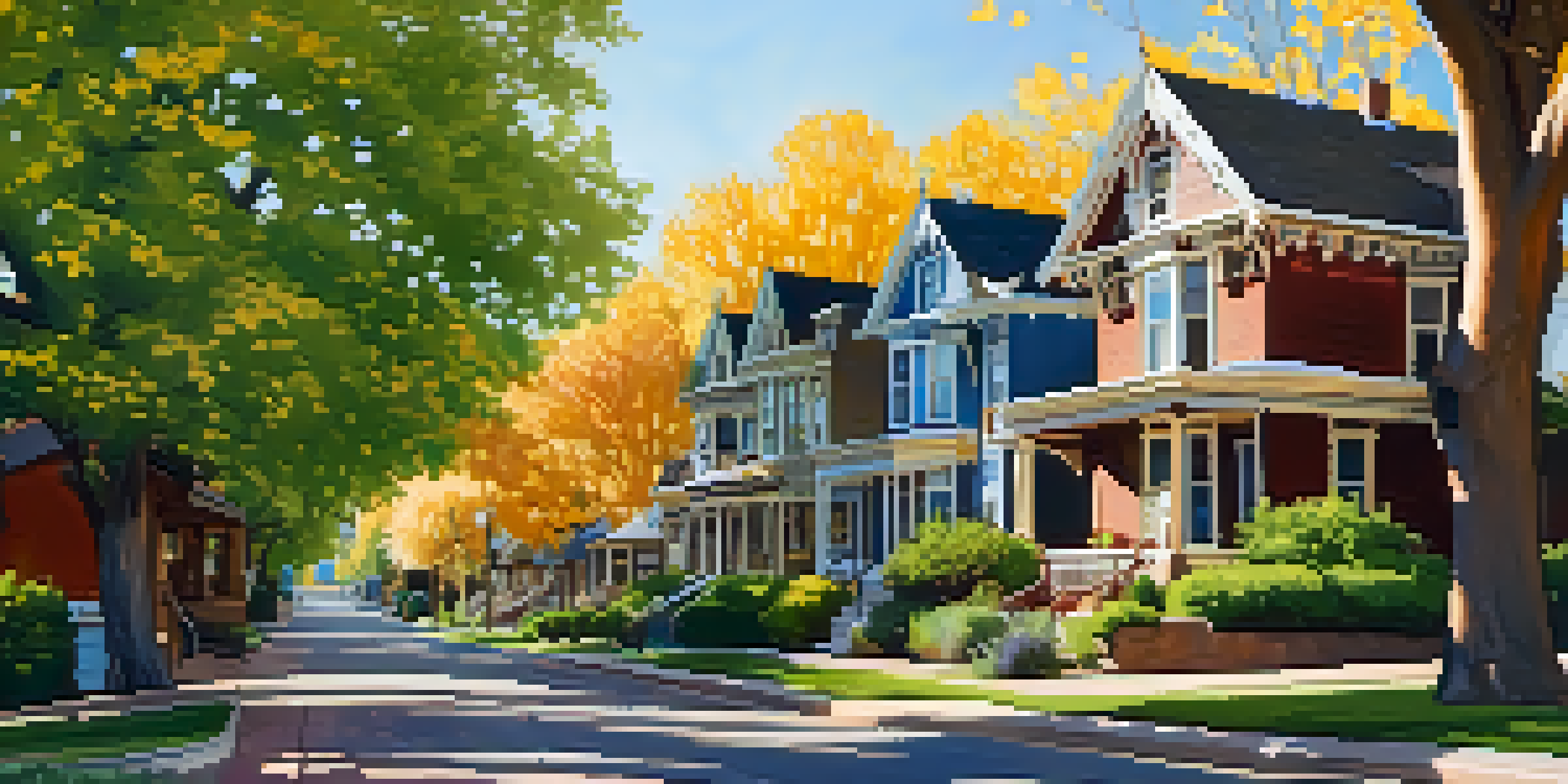 A scenic street view of Mapleton Hill neighborhood with Victorian and Edwardian homes bathed in golden sunlight, and a couple walking hand in hand.