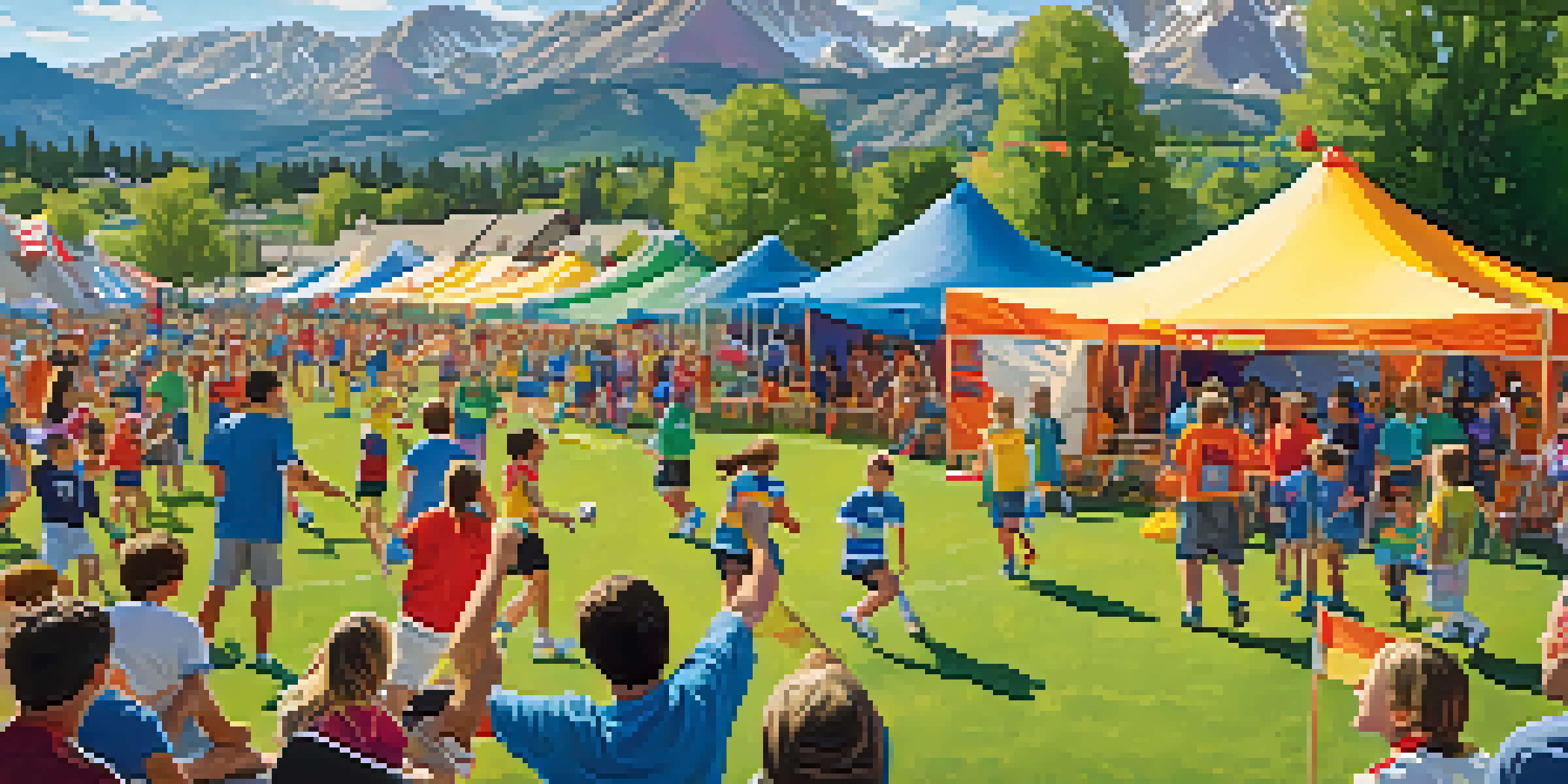 A lively sports festival in Boulder with families cheering for local teams, children playing soccer, and beautiful mountain scenery.