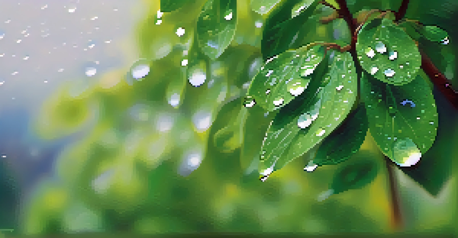 Close-up of raindrops on green leaves during a summer storm in Boulder, with blurred flowers and mountains in the background.