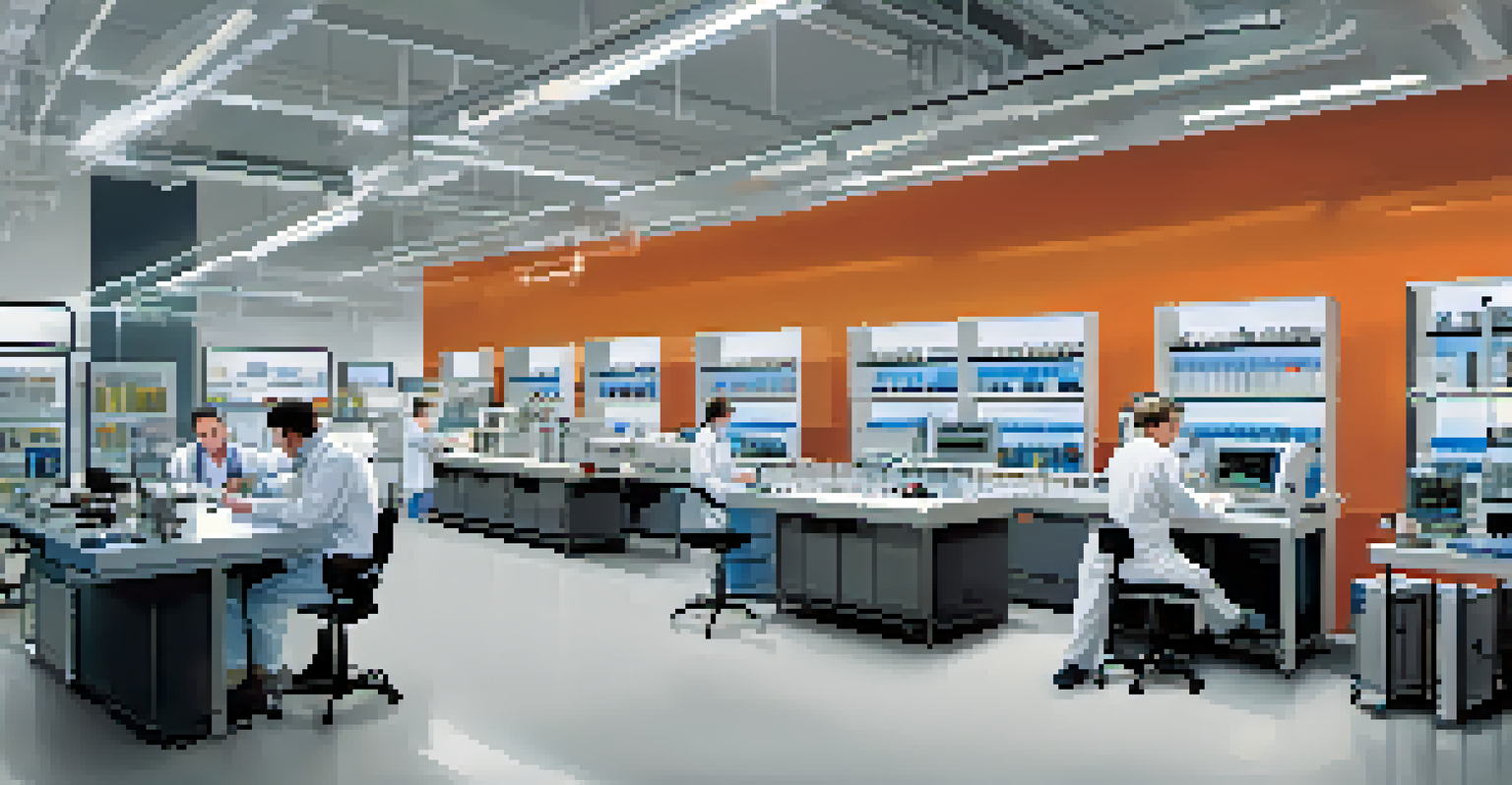 A modern laboratory in Boulder with scientists working on battery technology, showing prototypes and high-tech equipment.