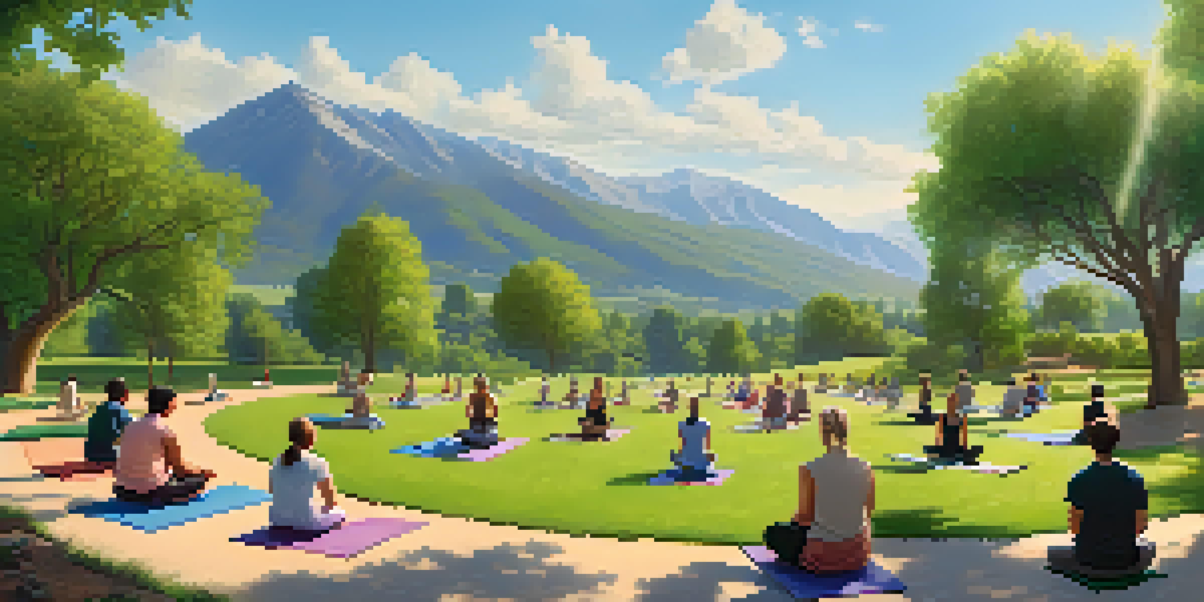 A peaceful Boulder landscape with mountains, parks, and people practicing yoga and meditation under a clear blue sky.