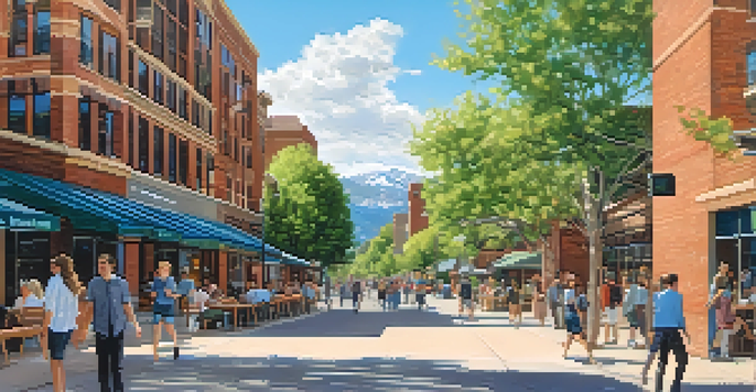 A wide view of Boulder's tech scene with modern buildings, outdoor cafes, and the Flatirons mountains in the background.