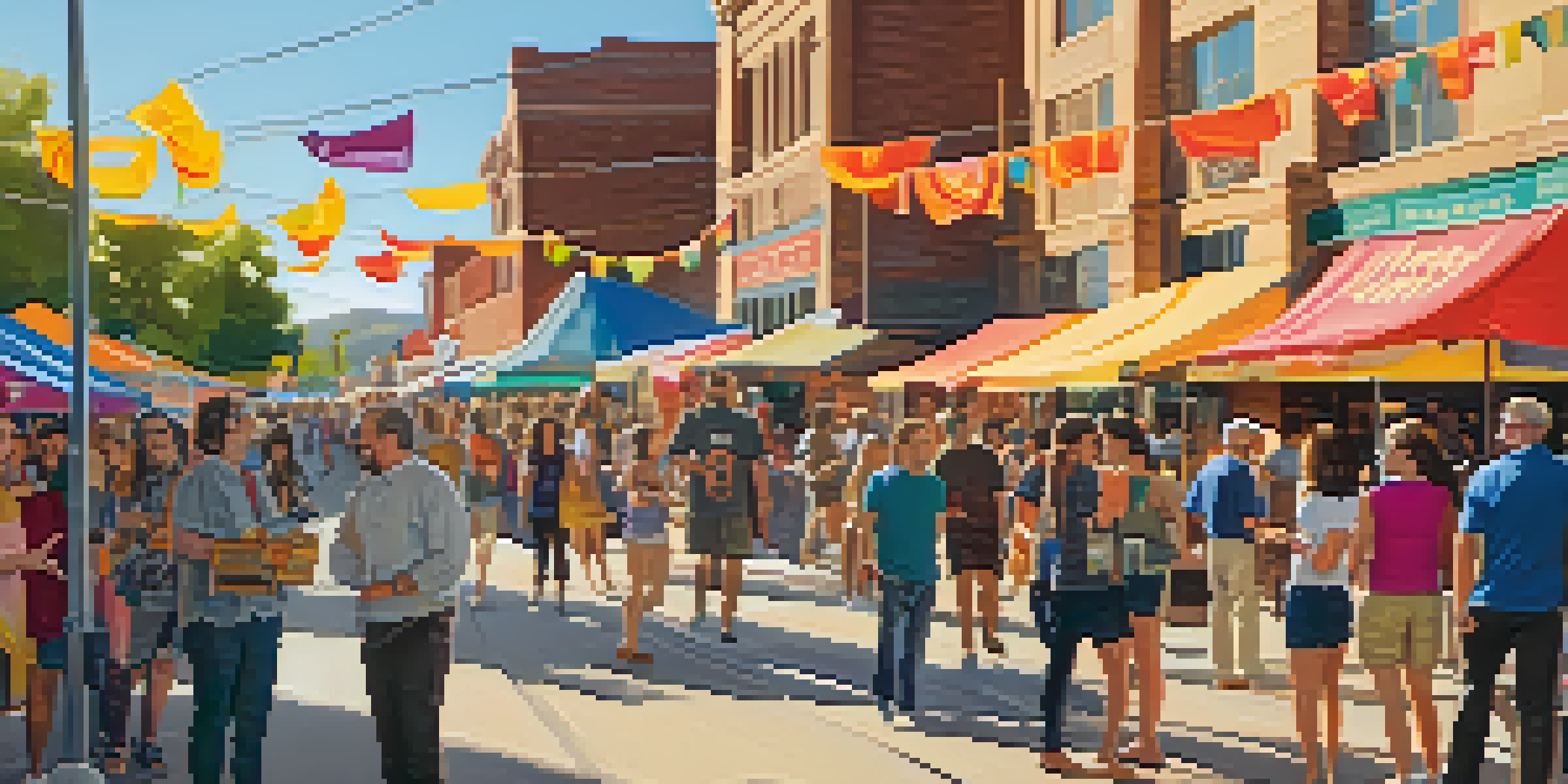A lively street scene at the Boulder International Film Festival with people talking, festival banners, food stalls, and outdoor screens showing films, illuminated by golden hour sunlight.