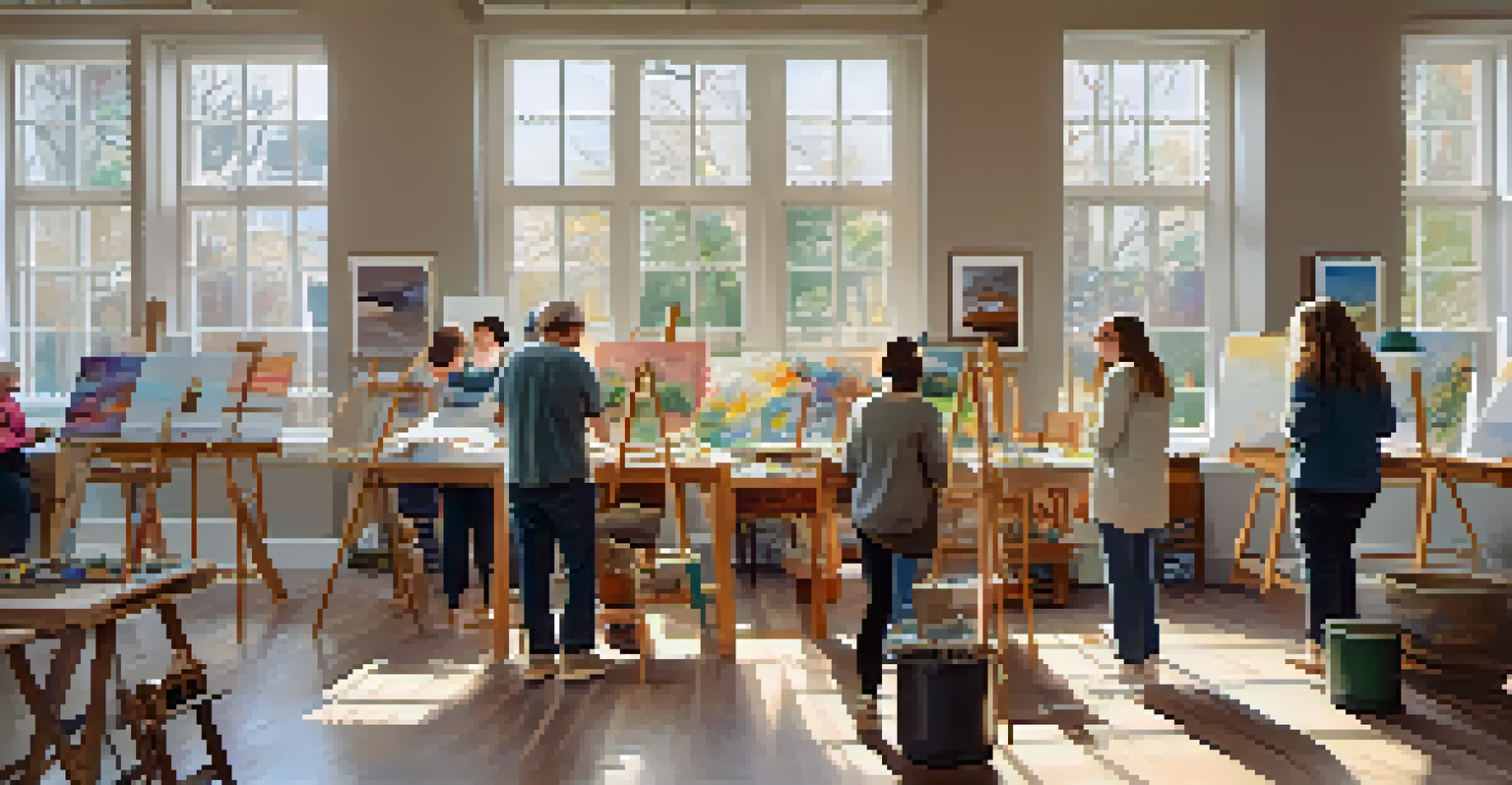 A community art workshop in a bright studio with people of different ages painting together, surrounded by various artworks and natural light.