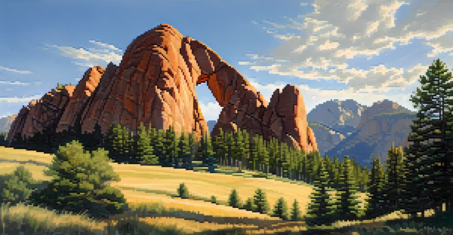The Royal Arch surrounded by rocks and trees, with the Flatirons in the background.