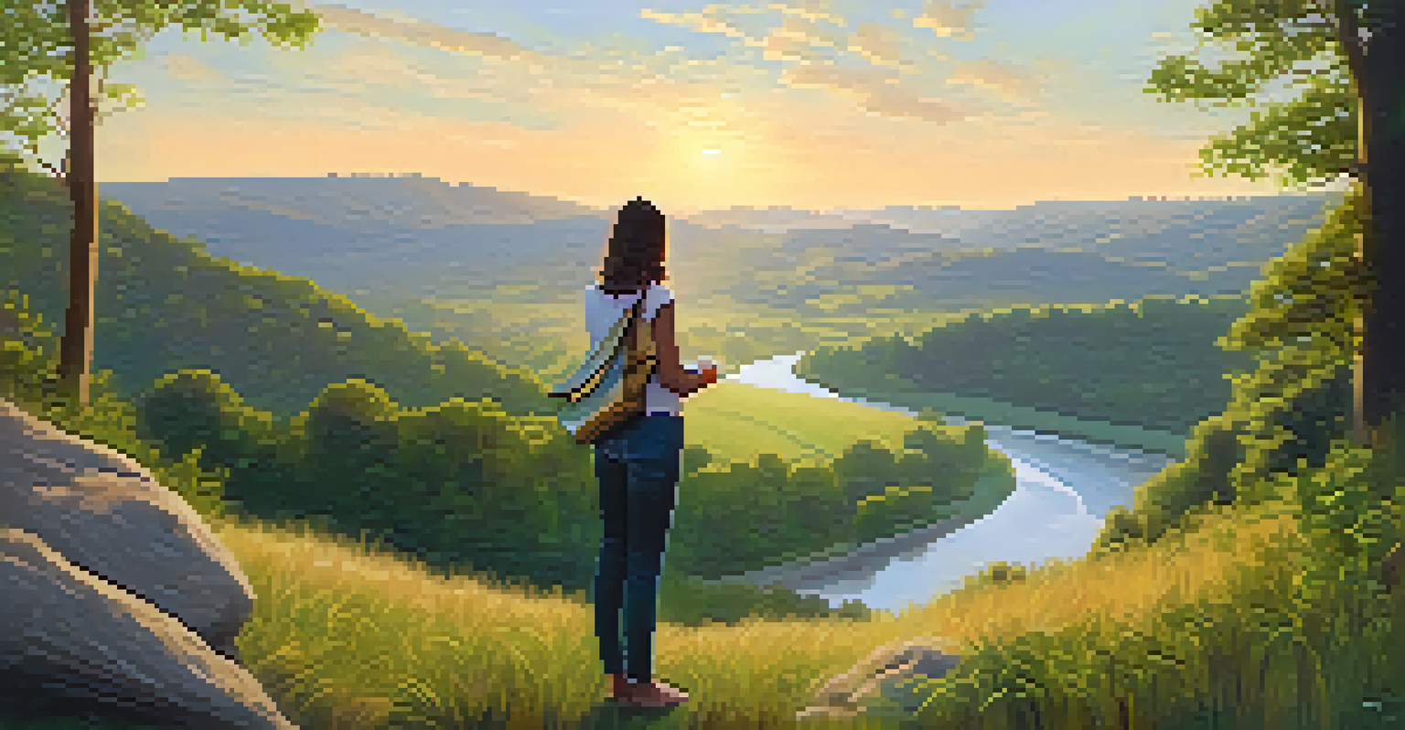 A young person on a hilltop overlooking a green valley with a river, holding a reusable bag during the golden hour.