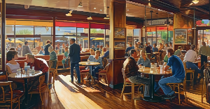 A lively coffeehouse scene in Boulder during the 1960s with artists and musicians interacting in a colorful and warm environment.