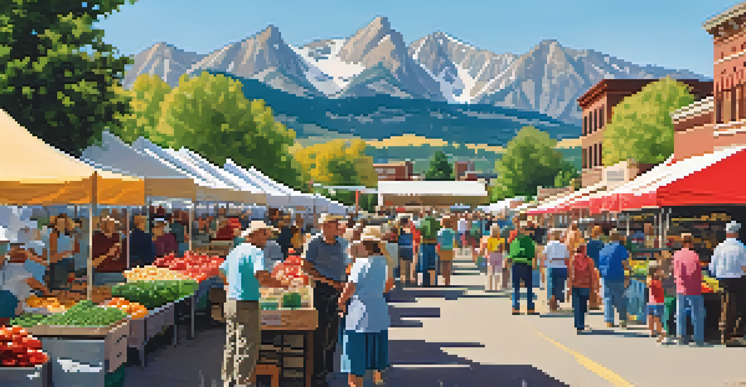 Boulder County Farmers Market with colorful stalls of fresh produce, flowers, and people enjoying the market with mountains in the background.