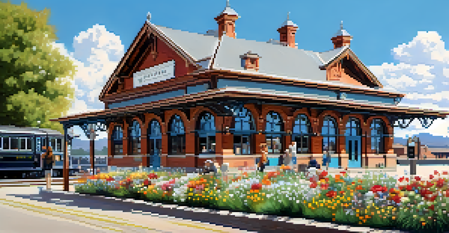 A historic train station in Boulder with vintage architecture and colorful flowers, bustling with people waiting for the train.