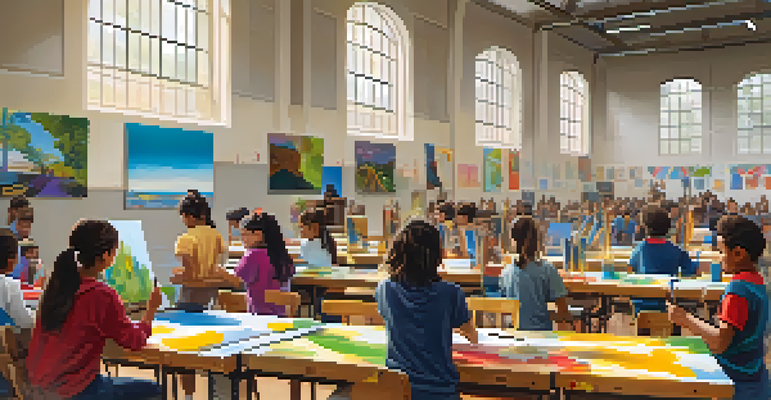 An artist conducting a workshop in a school gym, with students painting on canvases and engaging enthusiastically.