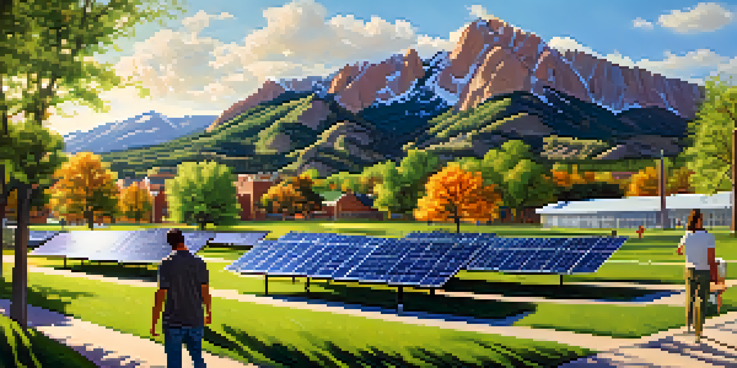 A scenic view of CU Boulder campus with students discussing solar panels in front of the Flatirons.