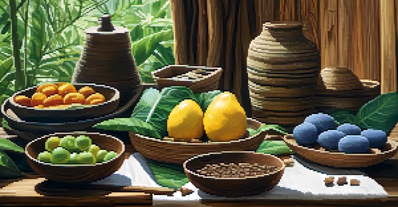 A close-up view of fair trade organic textiles and handmade crafts on a rustic wooden table, surrounded by greenery.