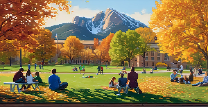 A scenic view of CU Boulder campus with the Flatirons in the background, featuring students on the lawn surrounded by colorful autumn trees.