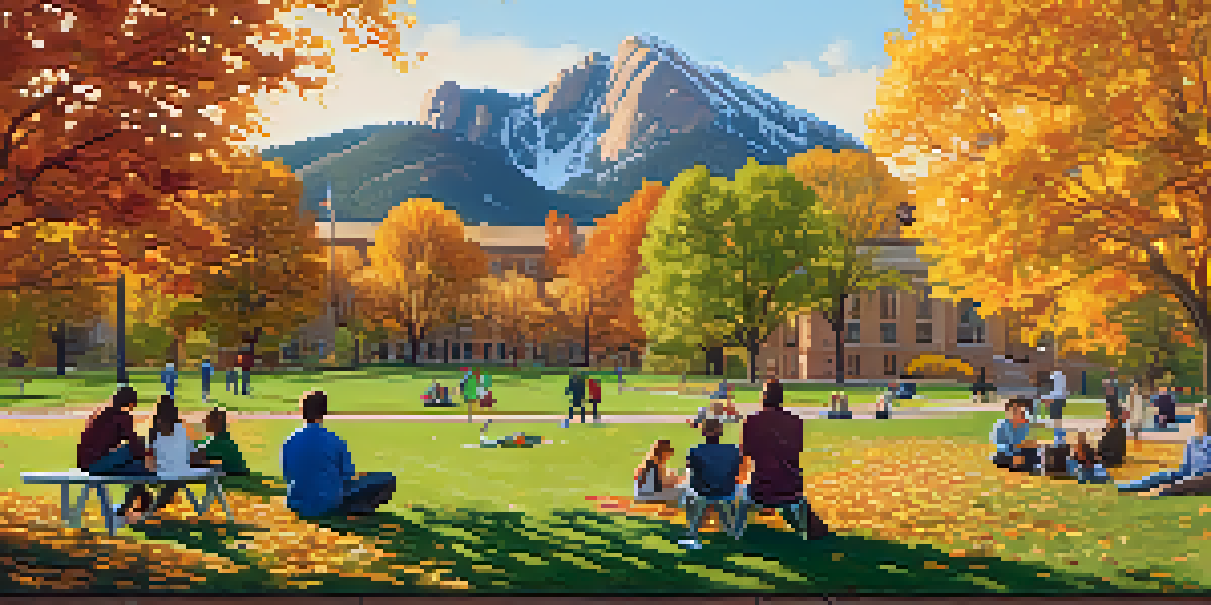 A scenic view of CU Boulder campus with the Flatirons in the background, featuring students on the lawn surrounded by colorful autumn trees.